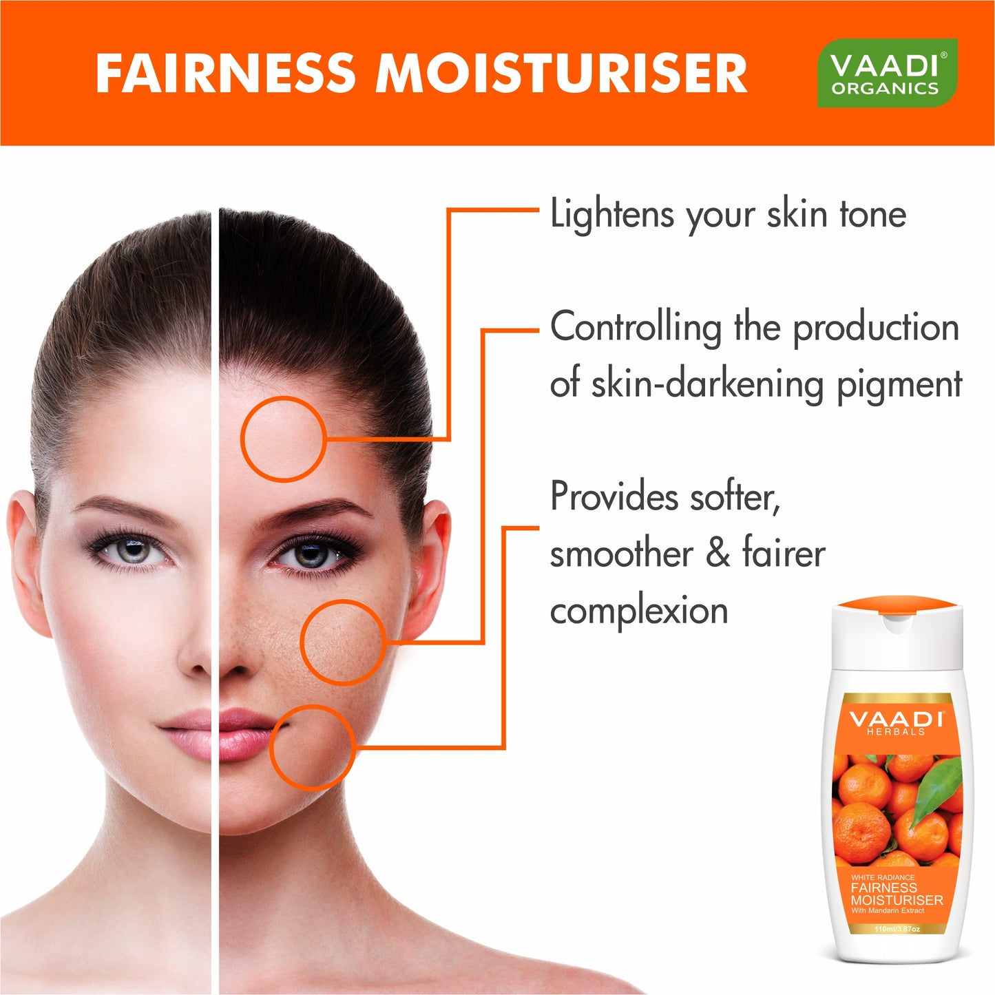 Organic Fairness Moisturiser with Mandarin Extract - Vitamin C Rich - Lightens Skin Tone - Controls Pigmentation (3 x 110 ml/ 4 fl oz)