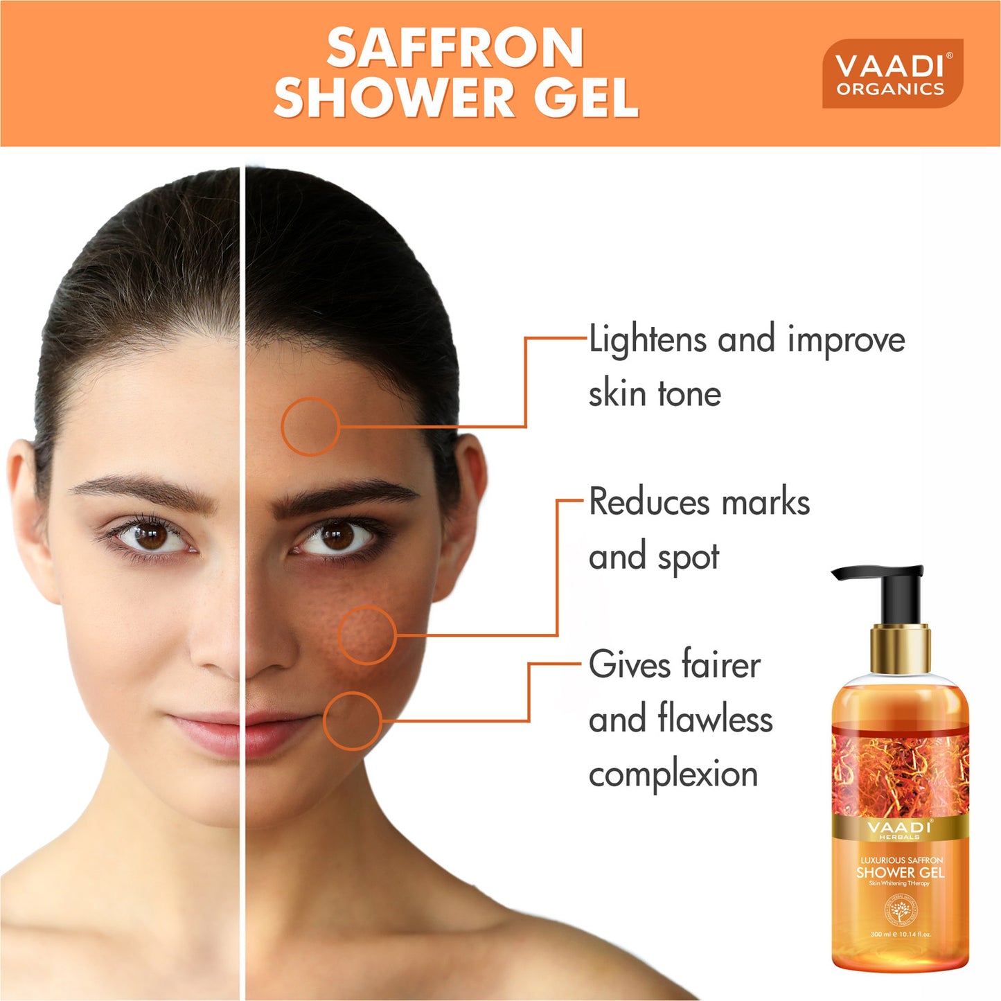 Luxurious Organic Saffron Shower Gel - Skin Lightening Therapy - Reduces Pigmentation Marks (2 x 300 ml / 10.2 fl oz)