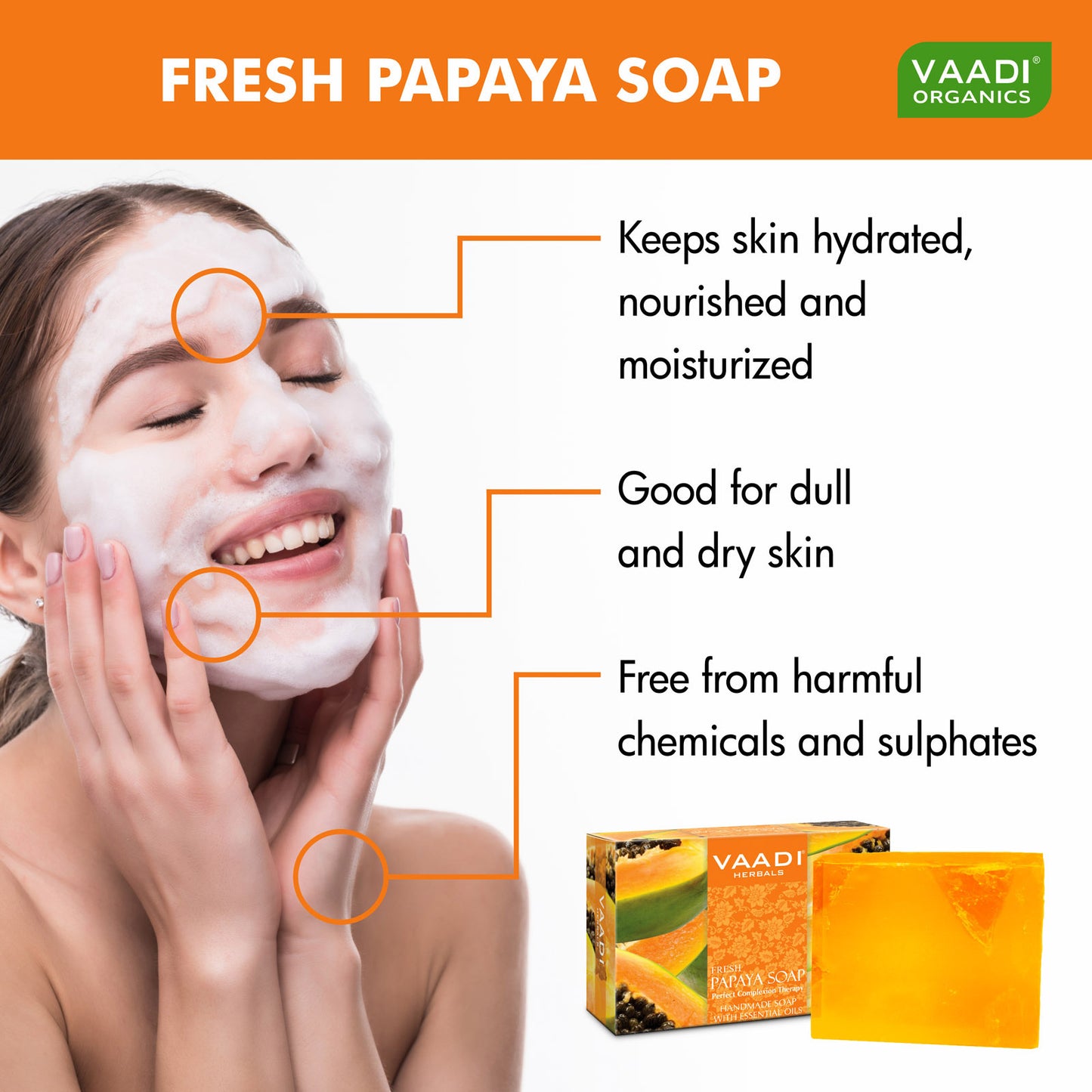 Organic Fresh Papaya Soap - Clears Impurities off Skin - Lightens Skin Tone - Gives a Natural Glow (6 x 75 gms / 2.7 oz)