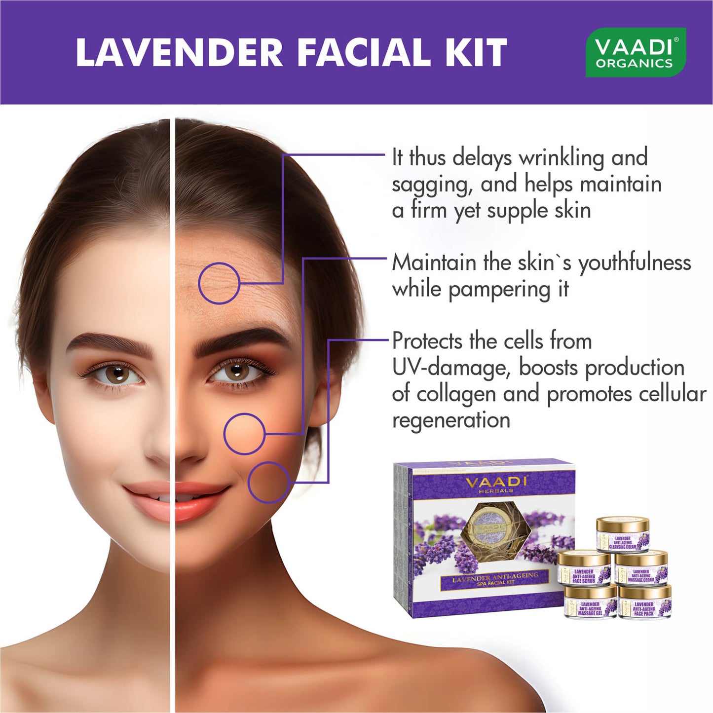 Anti Aging Organic Lavender Facial Kit with Rosemary Extract - Lightens Marks & Spots ( 270 gms/9.6 oz)