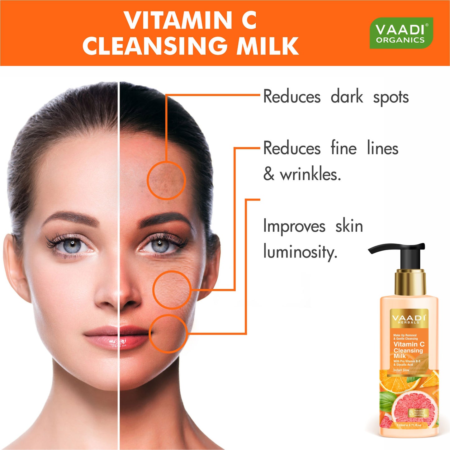 Organic Vitamin C Cleansing Milk With Pro Vitamin B-5 & Glycolic Acid For Instant Glow ( 110ml / 4 fl oz)