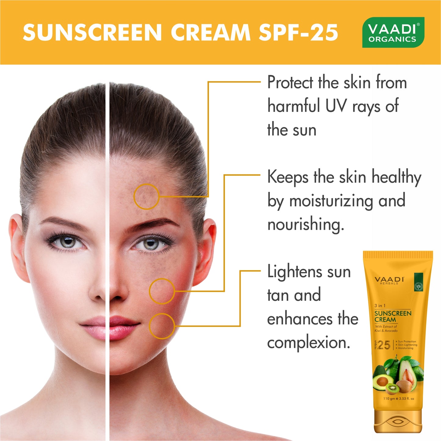 Organic Sunscreen Cream SPF 25 with Kiwi & Avocado Extract - Protects & Nourishes Skin - Enhances Complexion (3 x 110 gms / 4 oz)