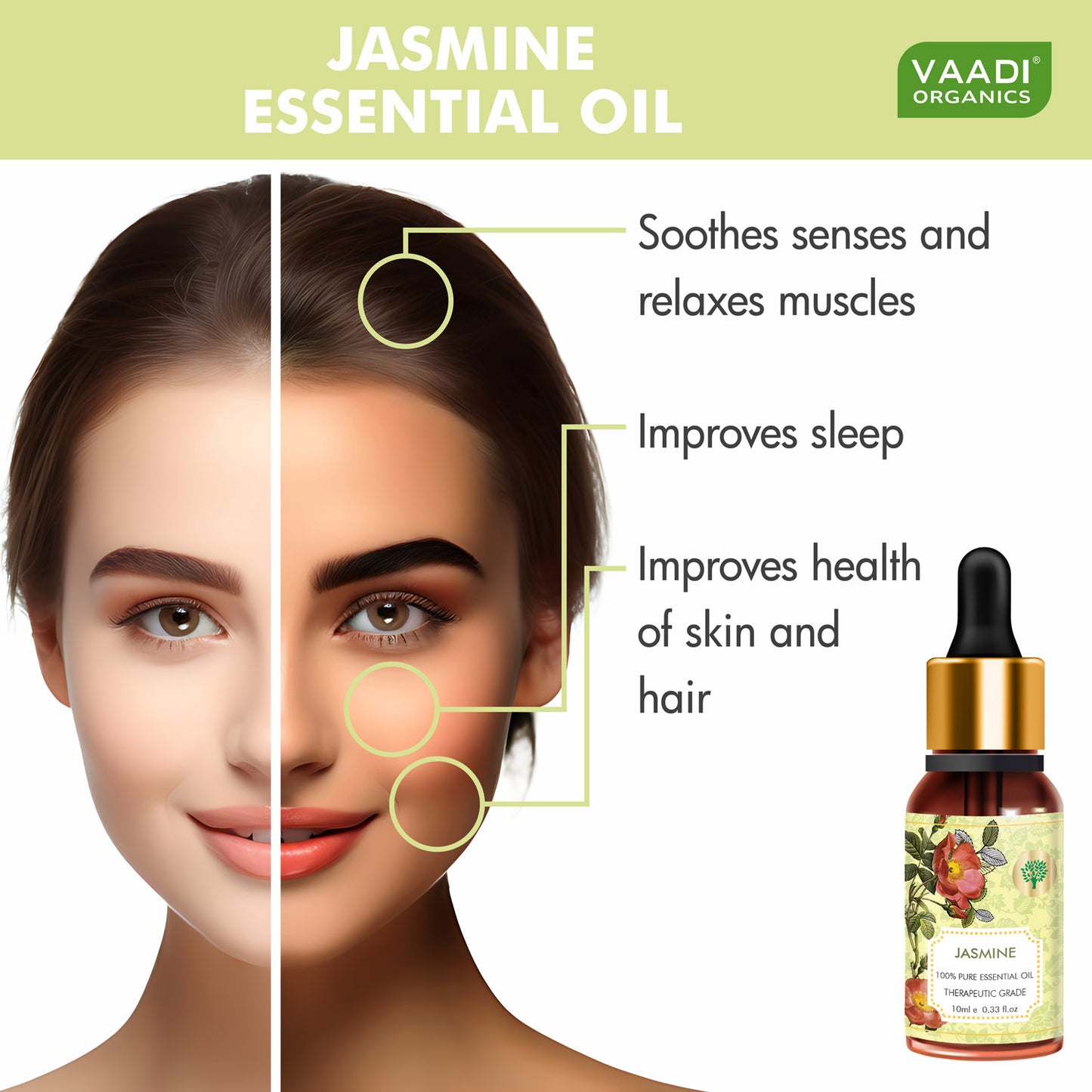 Organic Jasmine Essential Oil - Nourishes Dry & Damaged Hair, Improves Sleep, Uplifts Mood, Reduces Acne & Blemishes (10 ml/ 0.33 oz)