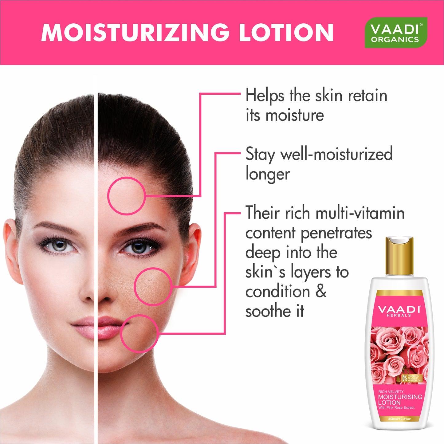 Organic Rich Velvety Moisturising Lotion with Pink Rose Extract - Retains Moisture in Skin - Makes Skin Velvety Soft (350 ml / 12 fl oz)