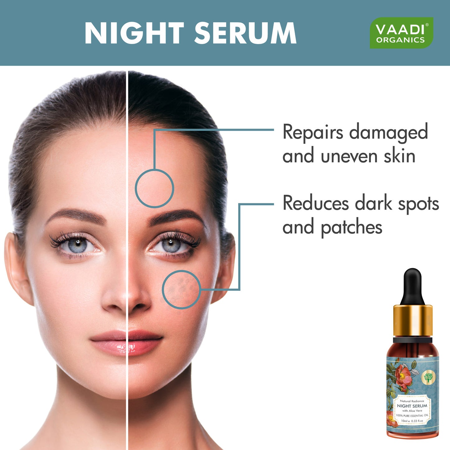 Organic Natural Radiance Night Serum with Aloe Vera - Reduces Dark Spots & patches, Repairs Damaged & Uneven Skin (10 ml/ 0.33 oz)