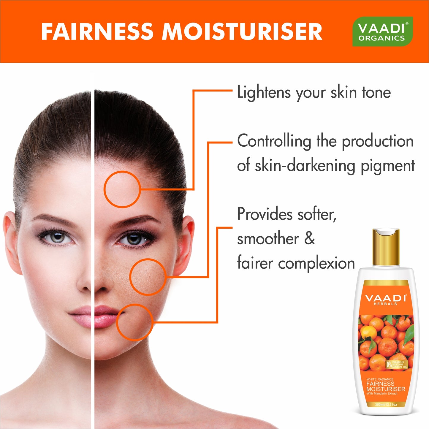 Organic Fairness Moisturiser with Mandarin Extract - Vitamin C Rich - Lightens Skin Tone - Controls Pigmentation (350 ml/ 12 fl oz)