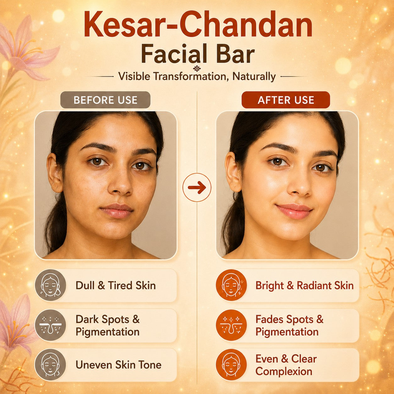 Organic Saffron Sandal Facial Bar with Orange Peel Extract - Lightens Marks- Makes Skin Flawless (25 gms/0.9 oz)