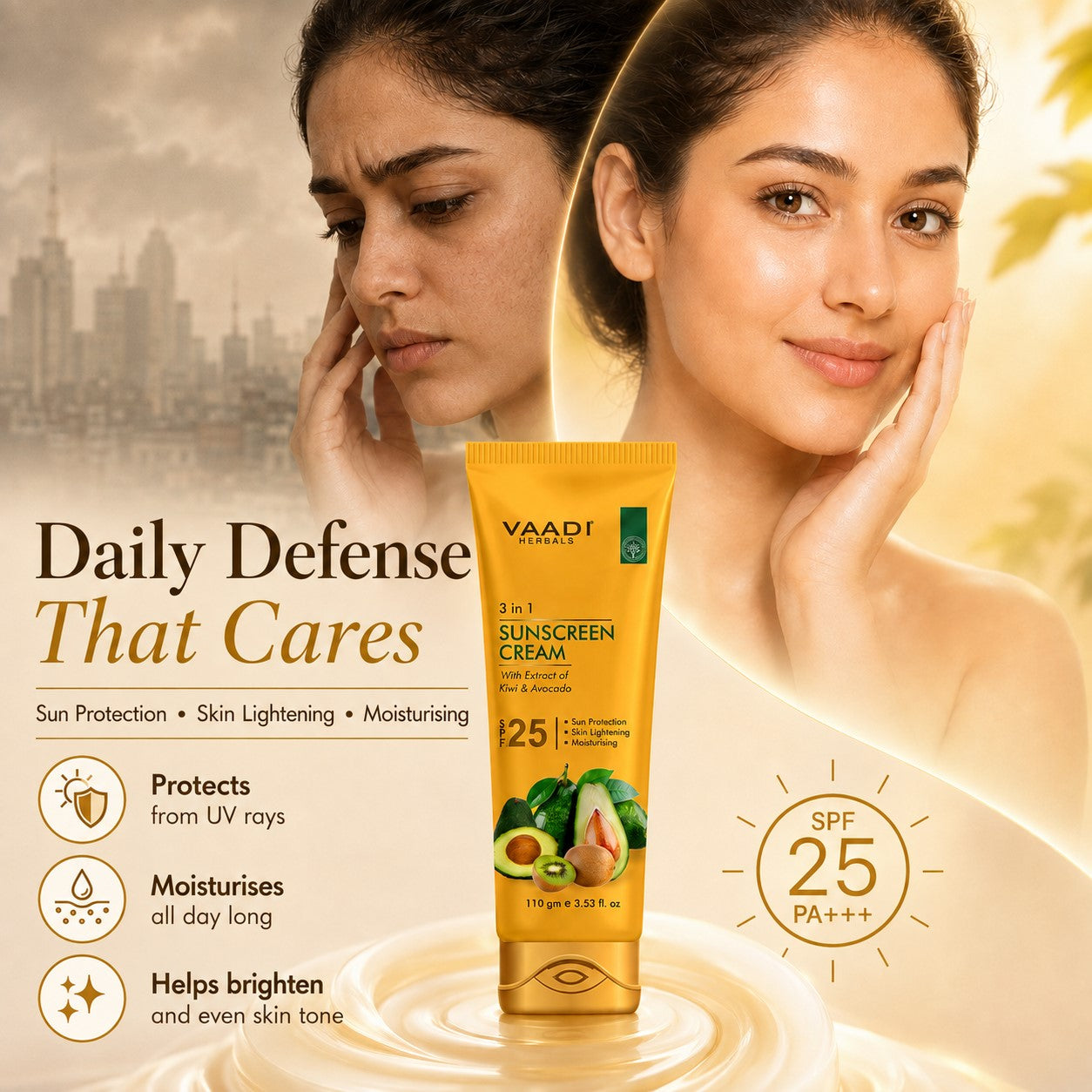Organic Sunscreen Cream SPF 25 with Kiwi & Avocado Extract - Protects & Nourishes Skin - Enhances Complexion (3 x 110 gms / 4 oz)