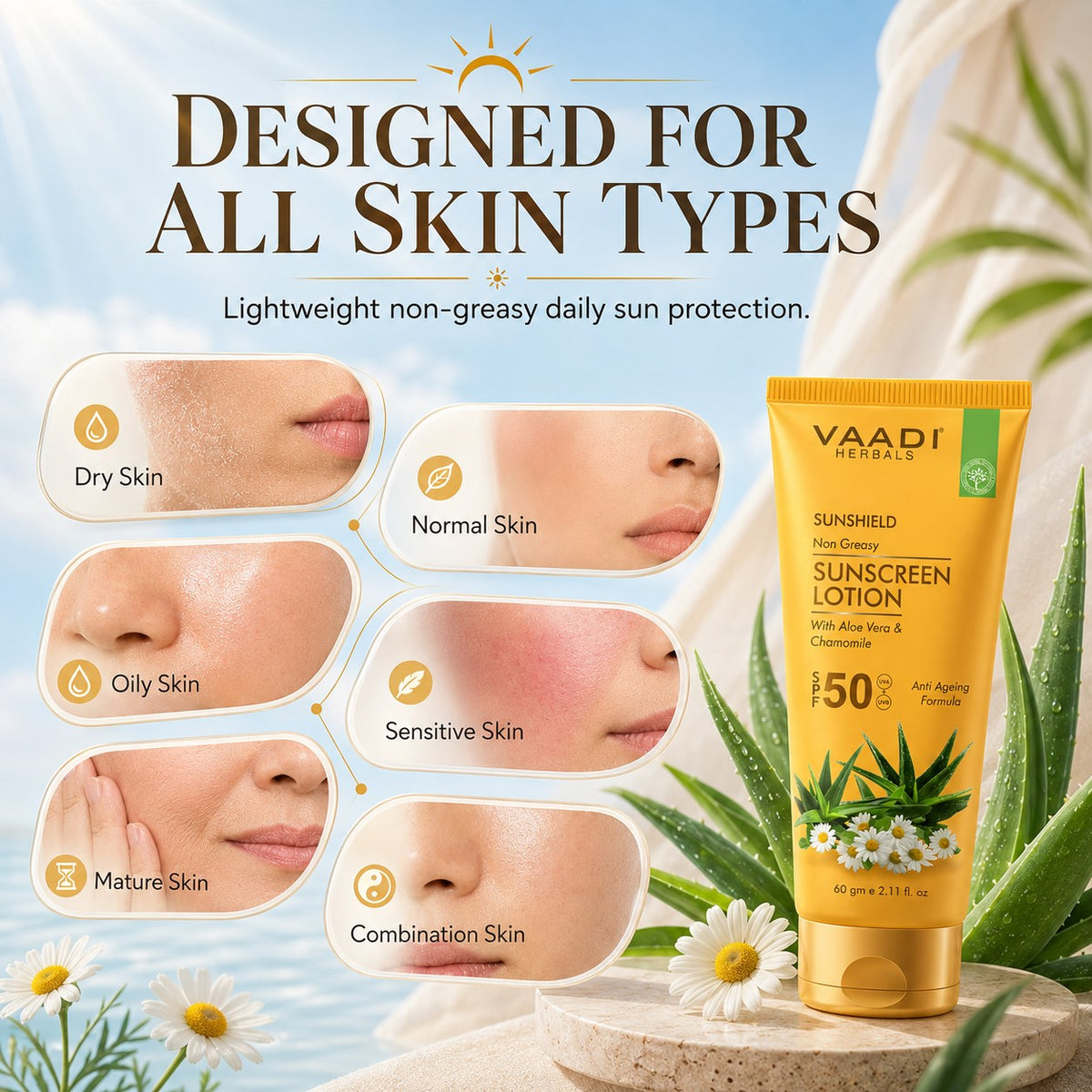 Organic Sunscreen Lotion SPF 50 with Aloe Vera & Chamomile - Non Greasy - Long Lasting - Soothes Burnt Skin (110 ml/ 4 fl oz)
