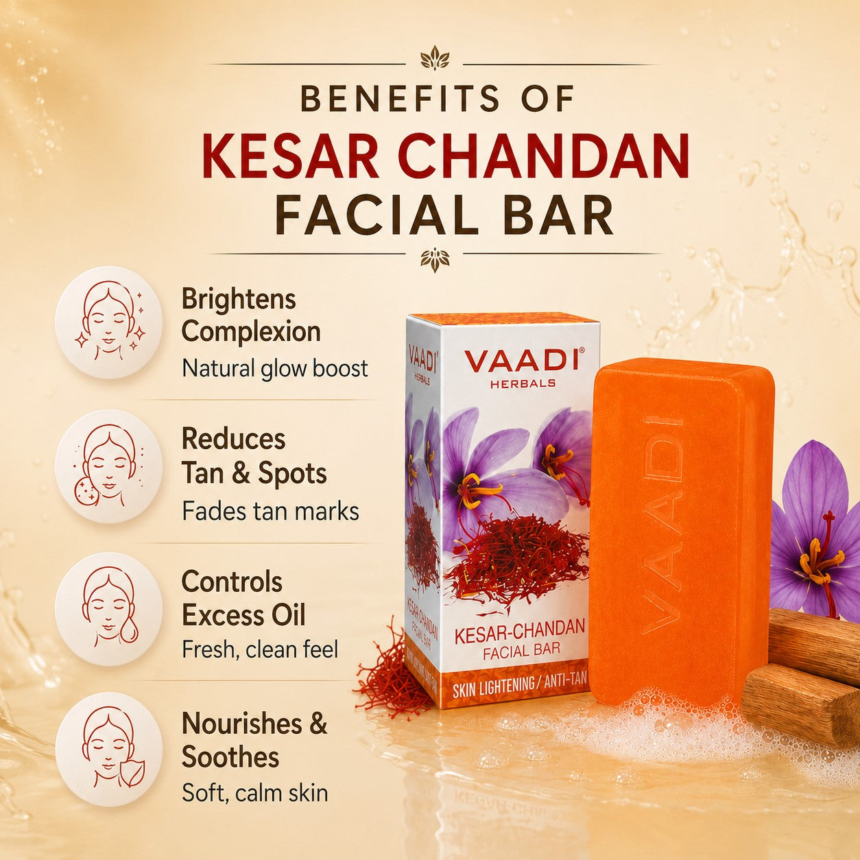 Organic Saffron Sandal Facial Bar with Orange Peel Extract - Lightens Marks- Makes Skin Flawless (25 gms/0.9 oz)