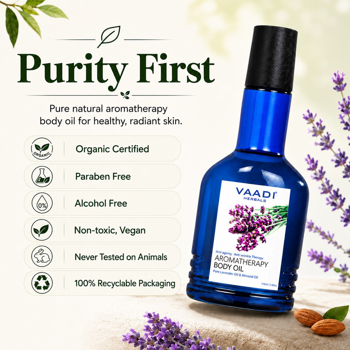 Organic Lavender Body Oil with Almond Extract - Aromatherapy - Anti Ageing - Reduces Stress & Depression (50ml /1.7 fl oz)