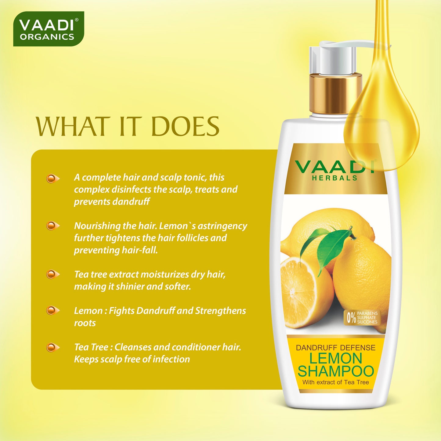 Dandruff Defense Organic Lemon Shampoo with Tea Tree Extract - Disinfects Scalp - Prevents Hairfall (350 ml/ 12 fl oz)