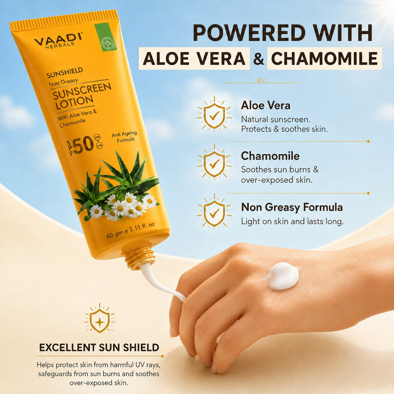 Organic Sunscreen Lotion SPF 50 with Aloe Vera & Chamomile - Non Greasy - Long Lasting - Soothes Burnt Skin (110 ml/ 4 fl oz)