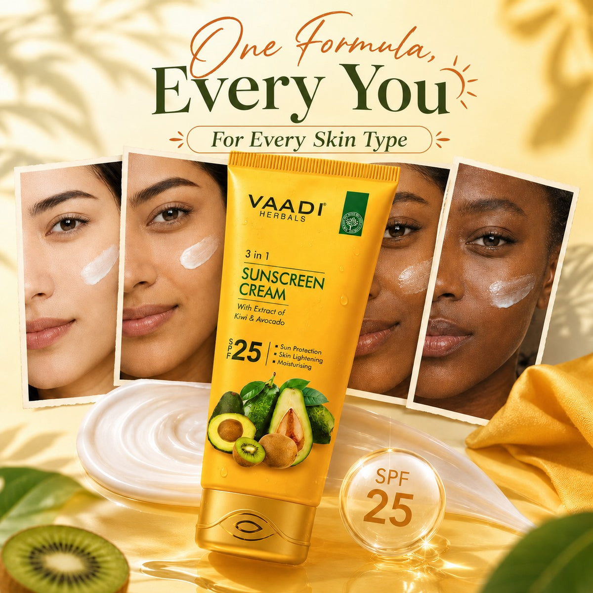 Organic Sunscreen Cream SPF 25 with Kiwi & Avocado Extract - Protects & Nourishes Skin - Enhances Complexion (3 x 110 gms / 4 oz)