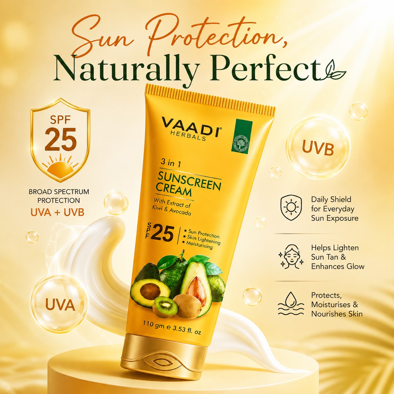Organic Sunscreen Cream SPF 25 with Kiwi & Avocado Extract - Protects & Nourishes Skin - Enhances Complexion (3 x 110 gms / 4 oz)