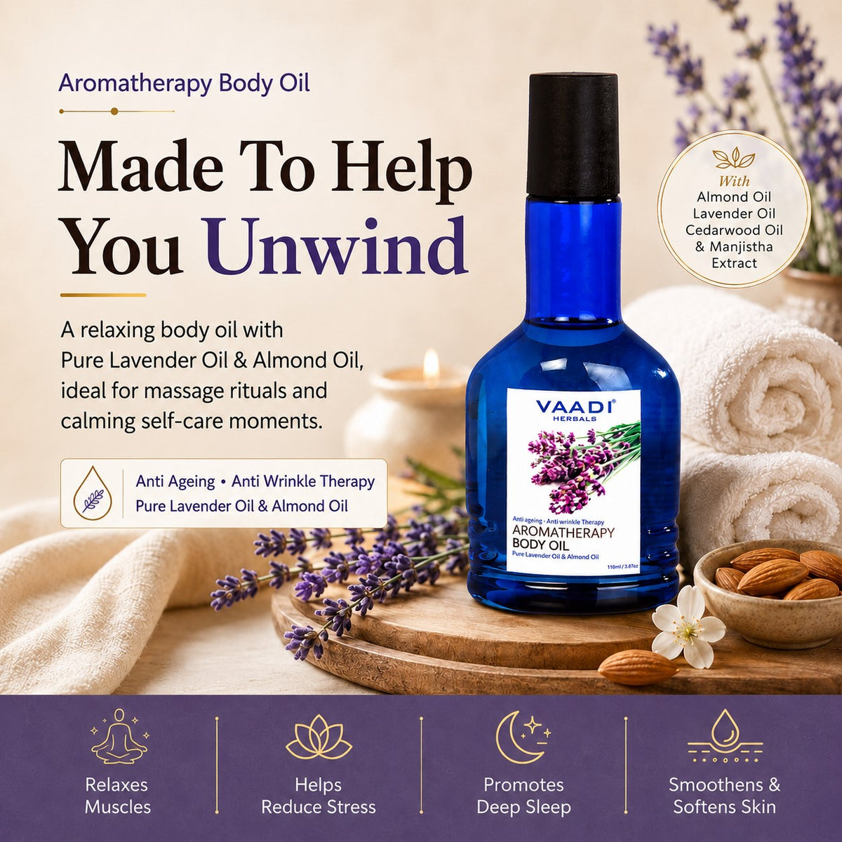 Organic Lavender Body Oil with Almond Extract - Aromatherapy - Anti Ageing - Reduces Stress & Depression (110ml /4 fl oz)