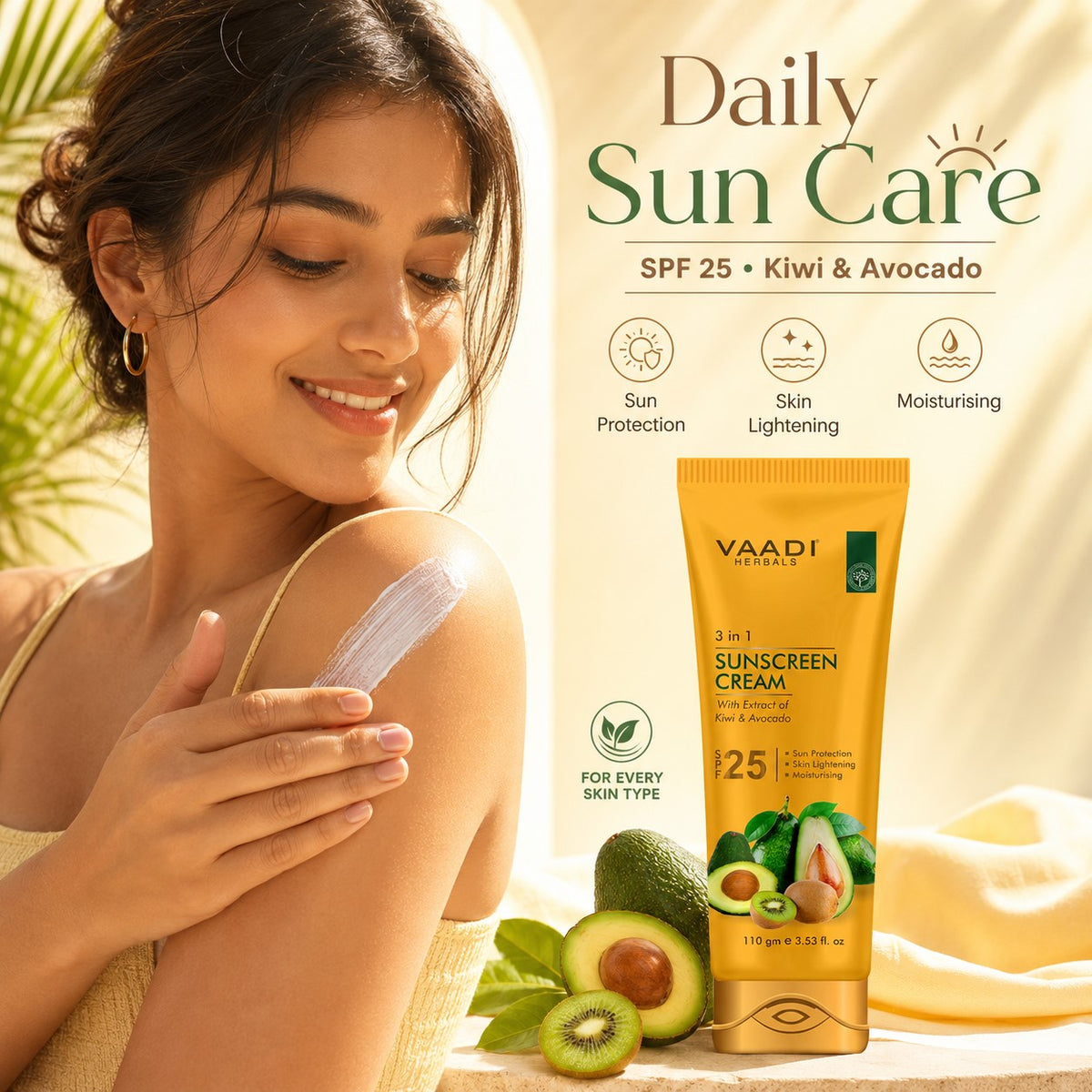 Organic Sunscreen Cream SPF 25 with Kiwi & Avocado Extract - Protects & Nourishes Skin - Enhances Complexion (3 x 110 gms / 4 oz)