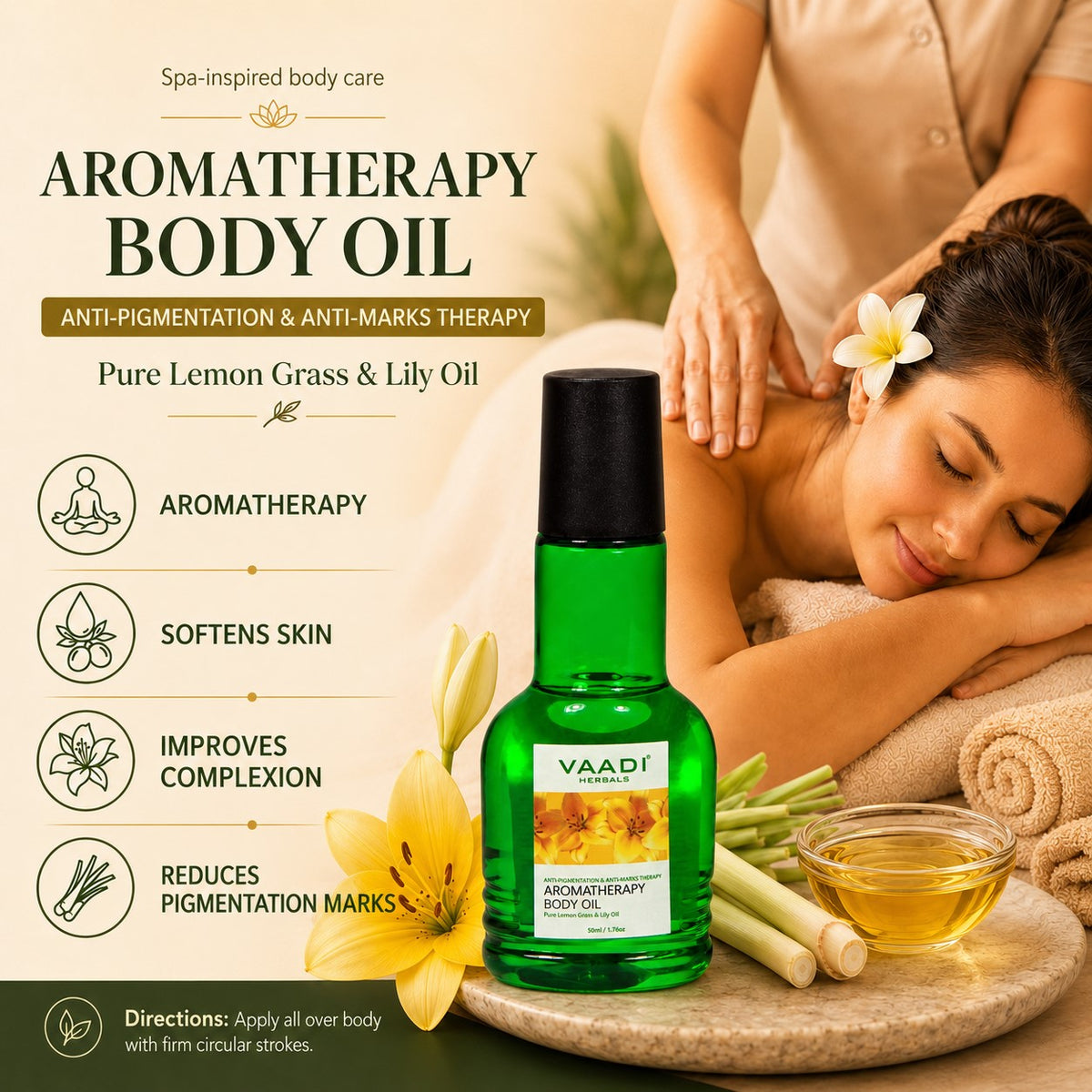 Organic Lemongrass Oil with Lily Extract - Aromatherapy - Strengthens Bones - Relieves Headache- Heals Skin (110 ml/4 fl oz)