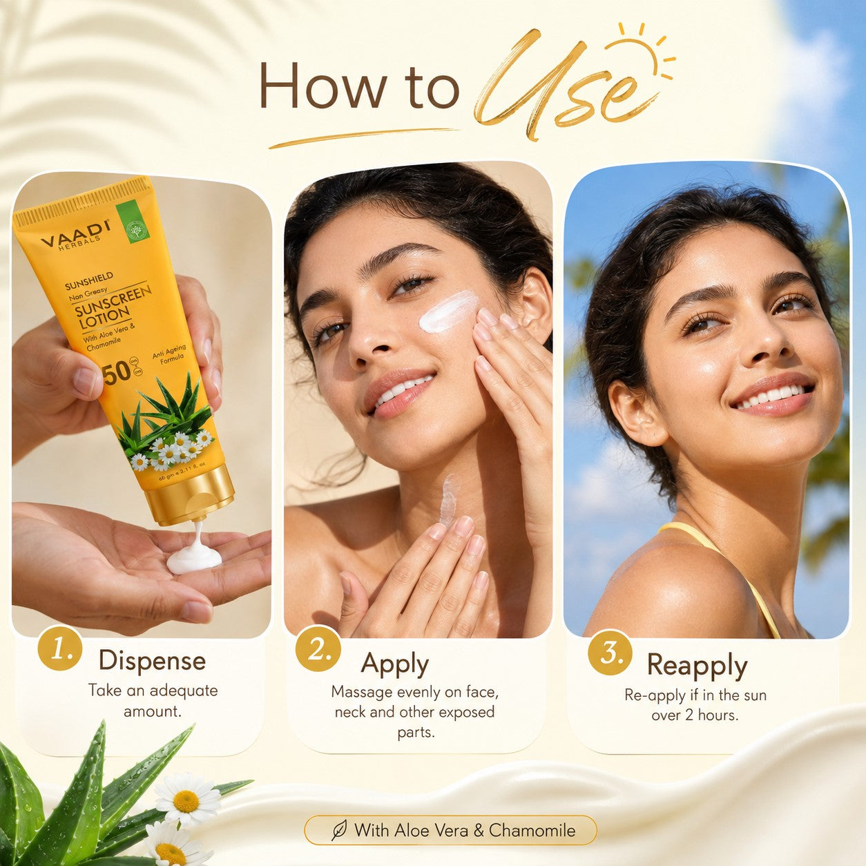 Organic Sunscreen Lotion SPF 50 with Aloe Vera & Chamomile - Non Greasy - Long Lasting - Soothes Burnt Skin (110 ml/ 4 fl oz)
