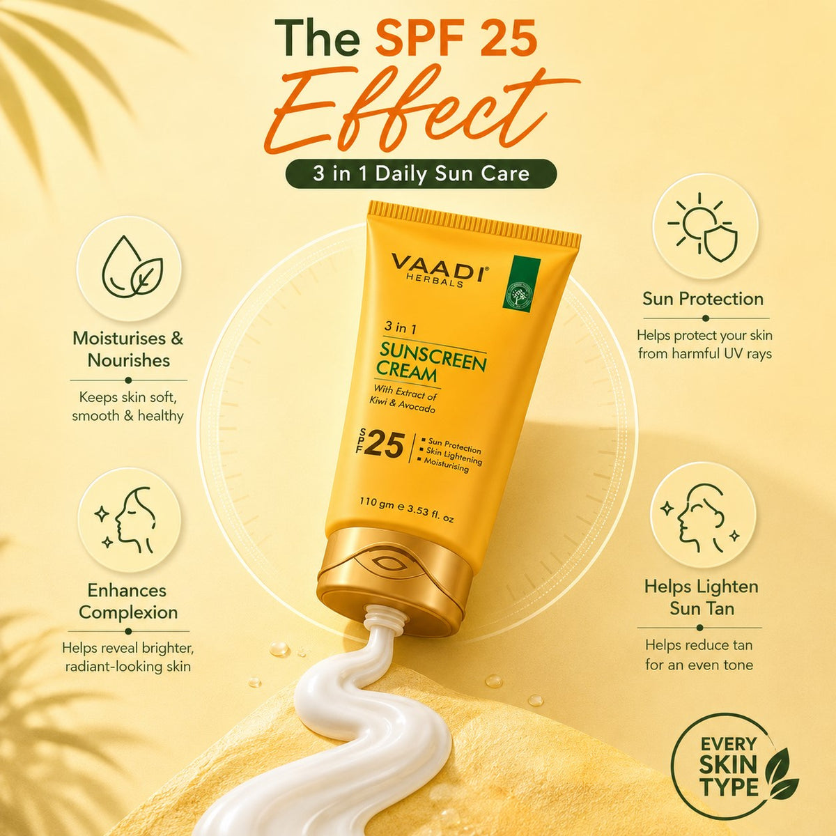 Organic Sunscreen Cream SPF 25 with Kiwi & Avocado Extract - Protects & Nourishes Skin - Enhances Complexion (3 x 110 gms / 4 oz)