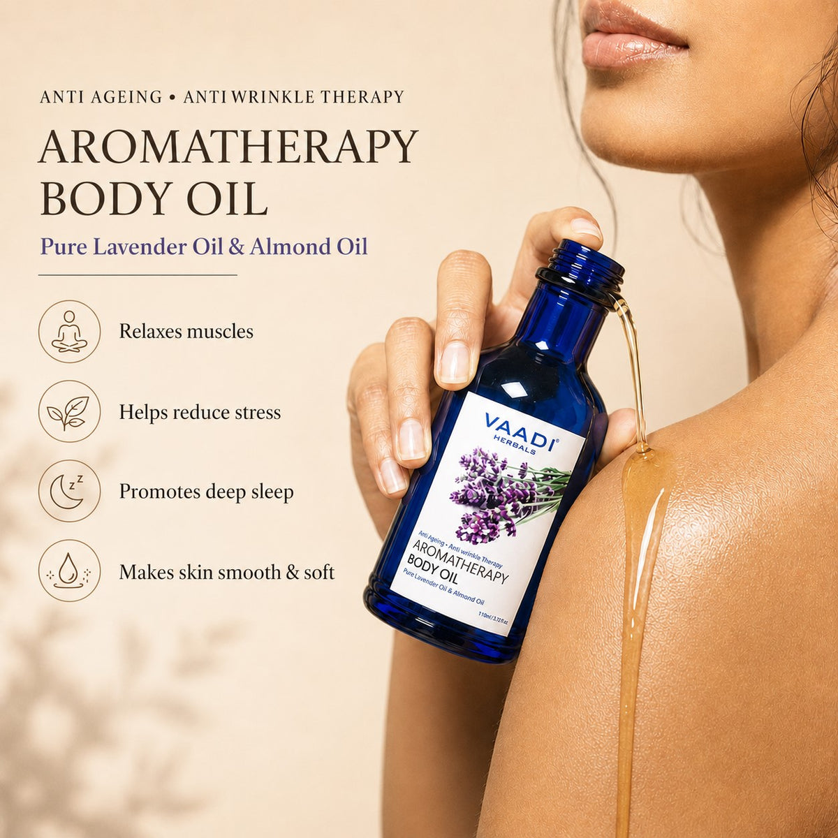 Organic Lavender Body Oil with Almond Extract - Aromatherapy - Anti Ageing - Reduces Stress & Depression (110ml /4 fl oz)