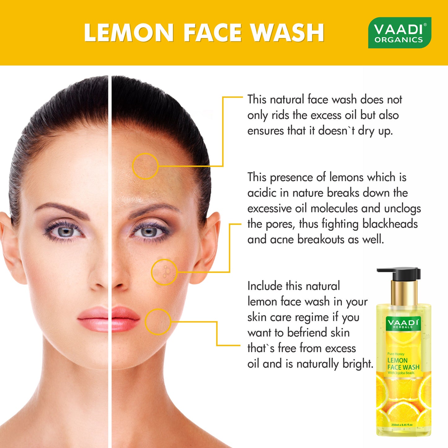 Skin Hydrating Organic Lemon Face Wash with Jojoba Beads - Removes Excess Oil - Prevents Acne ( 2 x 250 ml/8.45 fl oz)