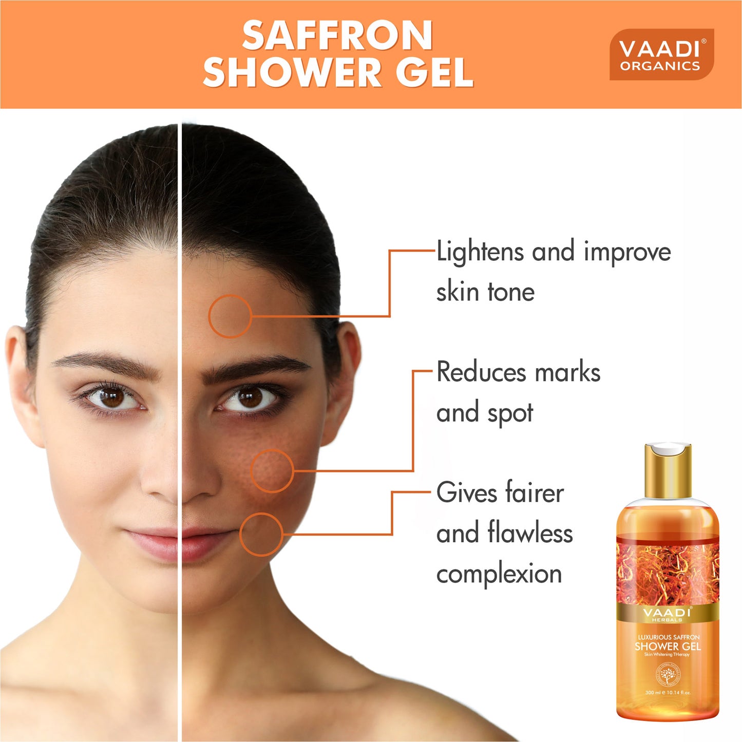 Luxurious Organic Saffron Shower Gel - Skin Lightening Therapy - Reduces Pigmentation Marks (2 x 300 ml / 10.2 fl oz)