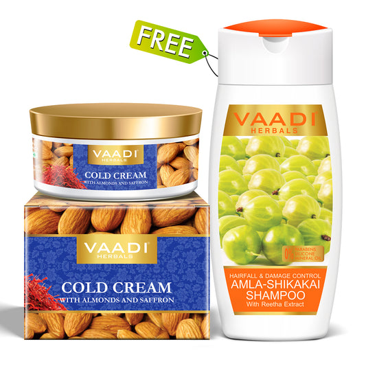 Organic Cold Cream with Almond Oil, Aloe Vera & Saffron (150 gms / 5.3 oz)  with free Hairfall & Damage Control Organic Shampoo (Indian Gooseberry Extract) (110 ml/4 fl oz)