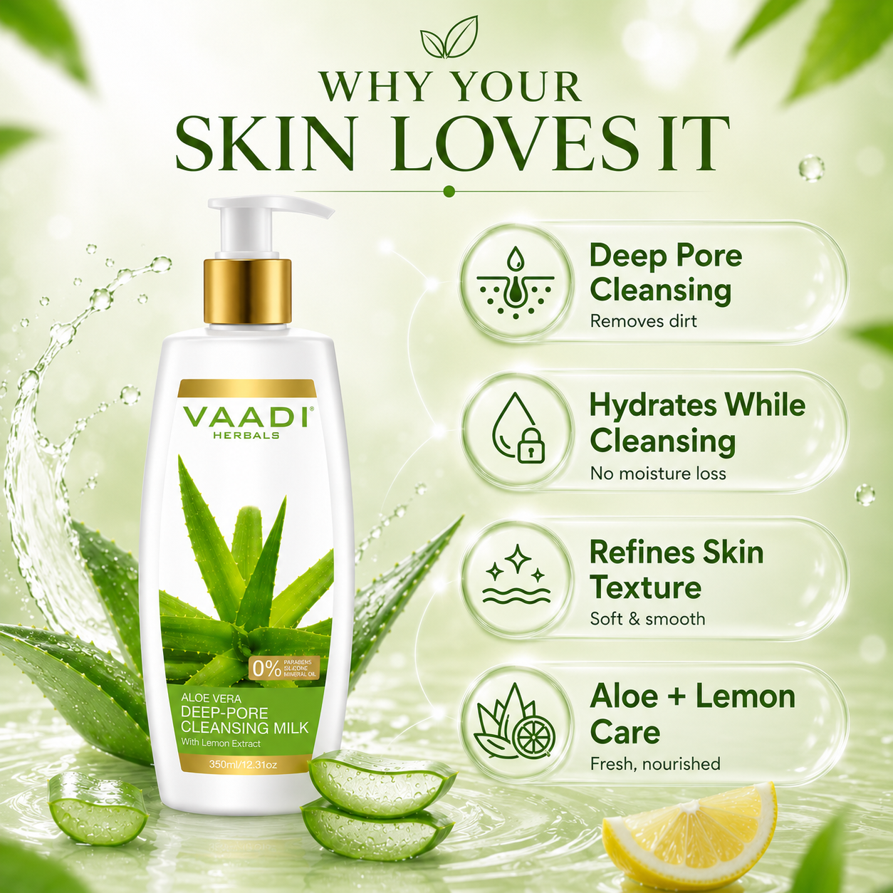 Organic Aloe Vera Deep Pore Cleansing Milk with Lemon Extract - Cleanses & Softens Skin - Locks In Moisture All Day (350 ml/ 12 fl oz)