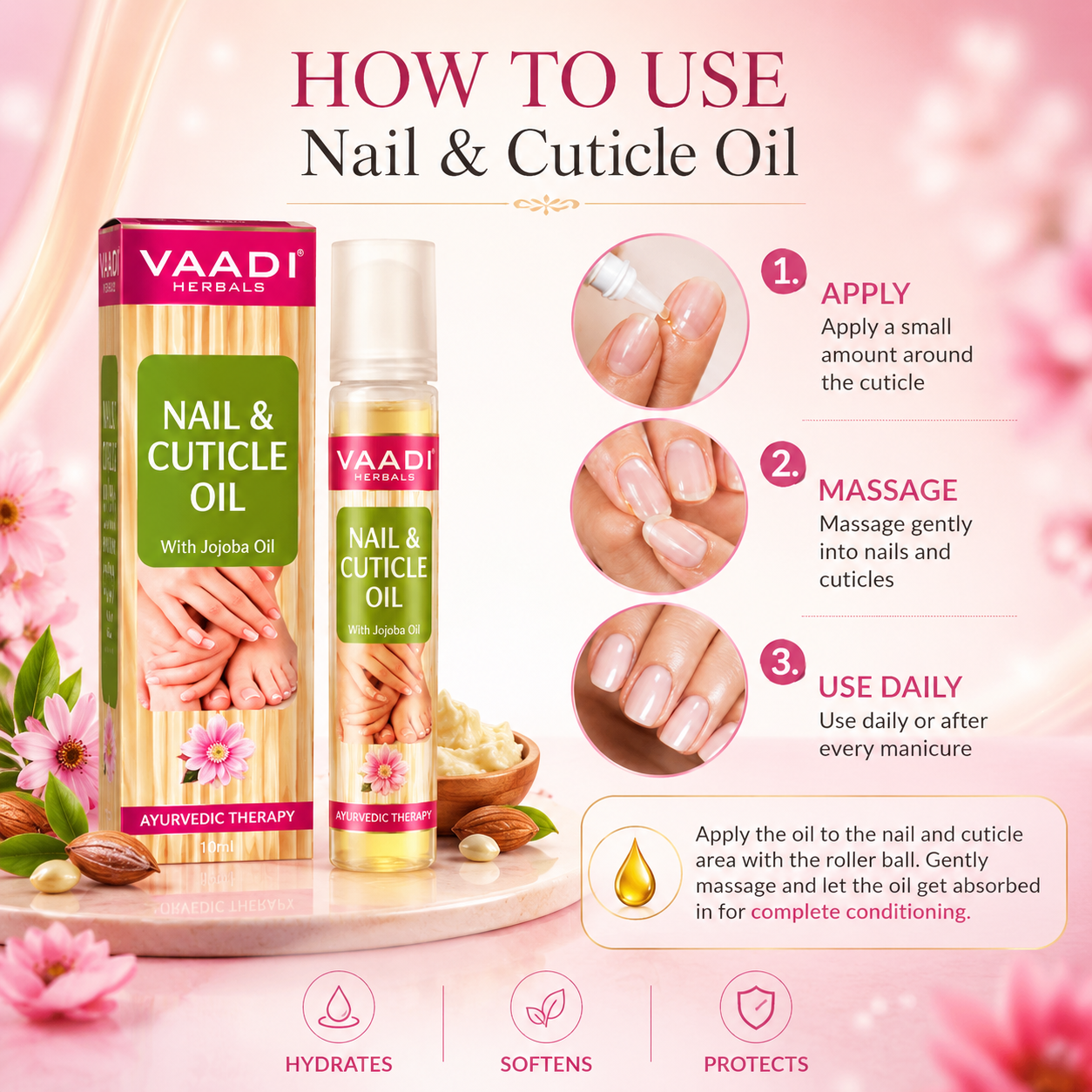 Organic Nail & Cuticle Oil with Jojoba Oil - Heals Redness & Pain - Strengthens Thin & Brittle Nails (3 x 10 ml/ 0.4 fl oz)