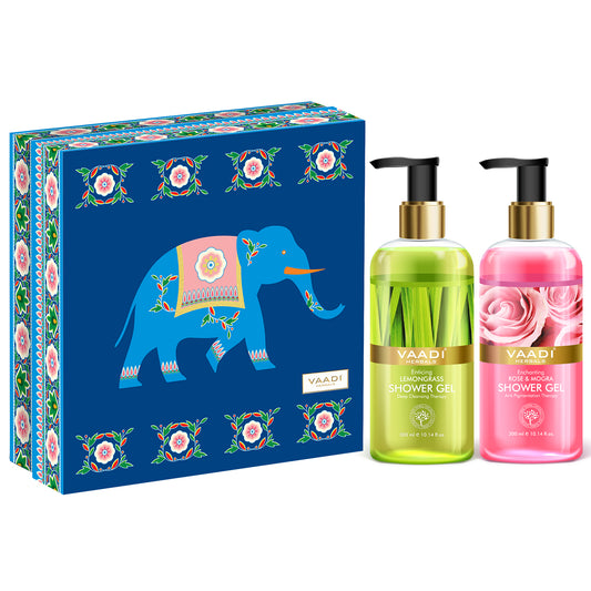 Enduring Fragrance Organic Shower Gel Gift Box - Enticing Lemongrass & Enchanting Rose and Mogra 300 ml - Exotic Bathing Experience