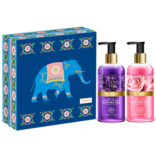 Exotic Floral Organic Shower Gels Gift Box - Enachanting Rose and Mogra & Heavenly Lavender and Rosemary 300 ml - Exotic Bathing Experience