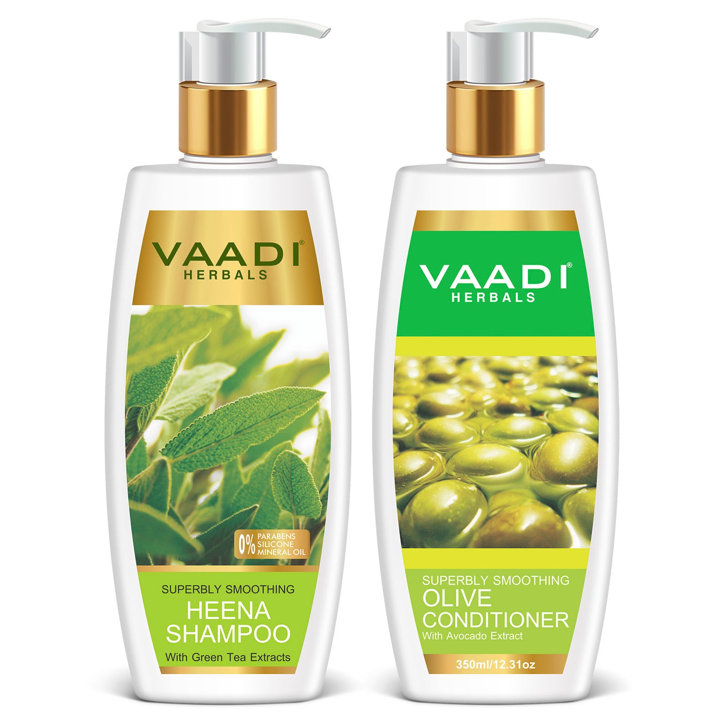 Superbly Smoothing Organic Heena Shampoo with Green Tea Extract - Multi Vitamin Rich Olive Conditioner with Avocado Extract (2 x 350 ml/ 12 fl oz)