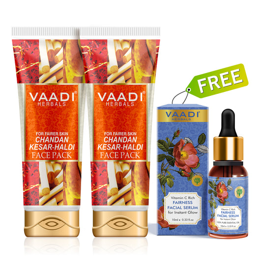 Organic Chandan Kesar Fairness Face Pack - Removes Marks and Lightens Skin Tone - Repairs and Protects Skin (2 x 120 gms/ 4.3 oz) with free Vitamin C facial Serum (10 ml)