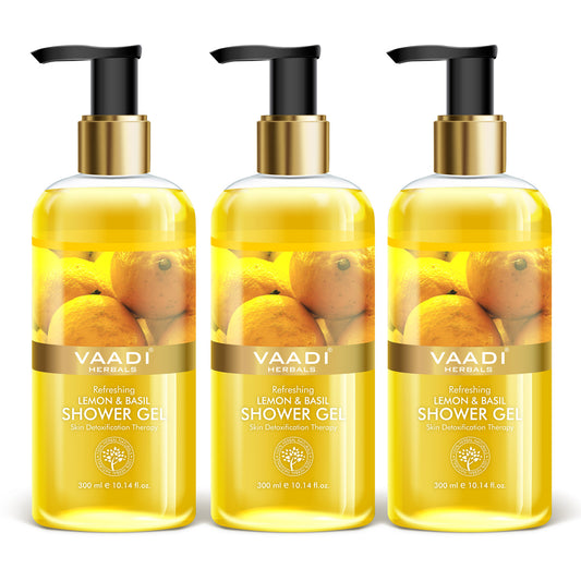 Refreshing Organic Lemon & Basil Shower Gel - Skin Detoxifying - Brightens Skin (3 x 300 ml / 10.2 fl oz)