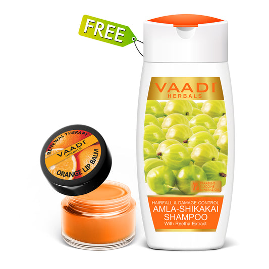 Skin Renewing Organic Orange and Shea Butter Lip Balm (6 gms/0.25 oz)  with free Hairfall & Damage Control Organic Shampoo (Indian Gooseberry Extract) (110 ml/4 fl oz)