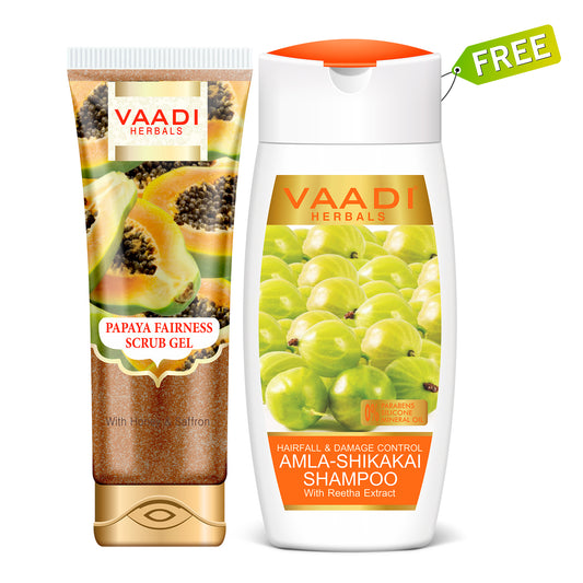 Organic Papaya Fairness Scrub Gel with Honey & Saffron (110 gms / 4 oz) -Get a free Hairfall Damage Control Organic Shampoo (Indian Gooseberry Extract) (110 ml/4 fl oz)