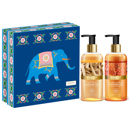 Royal India Organic Shower Gels Gift Box - Luxurious Saffron 300 ml & Divine Honey Sandal 300 ml - Exotic Bathing Experience