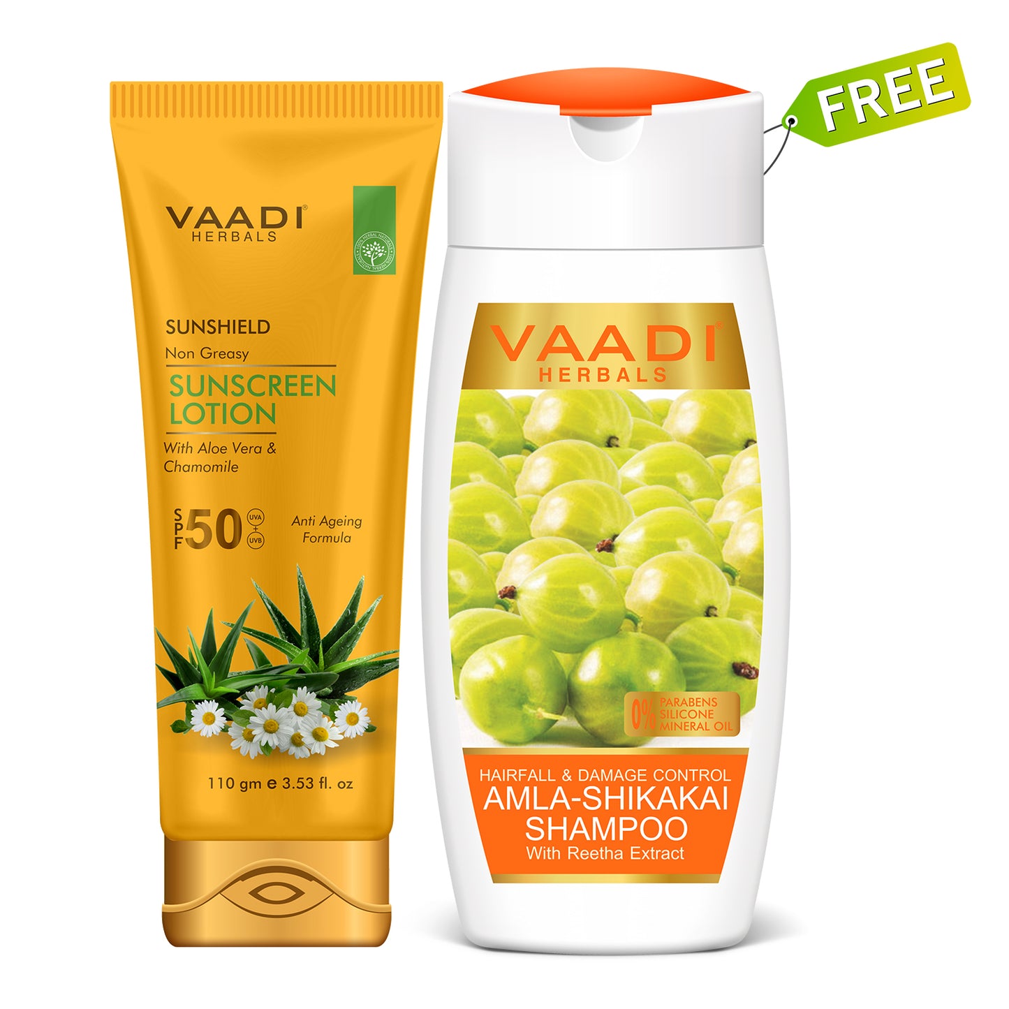 Organic Sunscreen Lotion SPF 50 with Aloe Vera & Chamomile (110 ml/ 4 fl oz)  with free Hairfall & Damage Control Organic Shampoo (Indian Gooseberry Extract) (110 ml/4 fl oz)