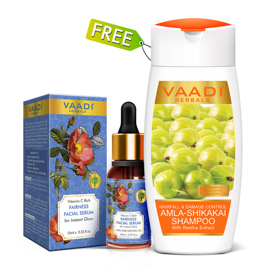 Organic Vitamin C Fairness Facial Serum  (10 ml/ 0.33 oz) with free Hairfall & Damage Control Organic Shampoo (Indian Gooseberry Extract) (110 ml/4 fl oz)