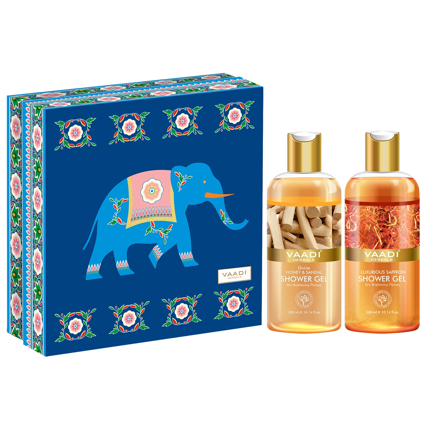 Royal India Organic Shower Gels Gift Box - Luxurious Saffron 300 ml & Divine Honey Sandal 300 ml - Exotic Bathing Experience