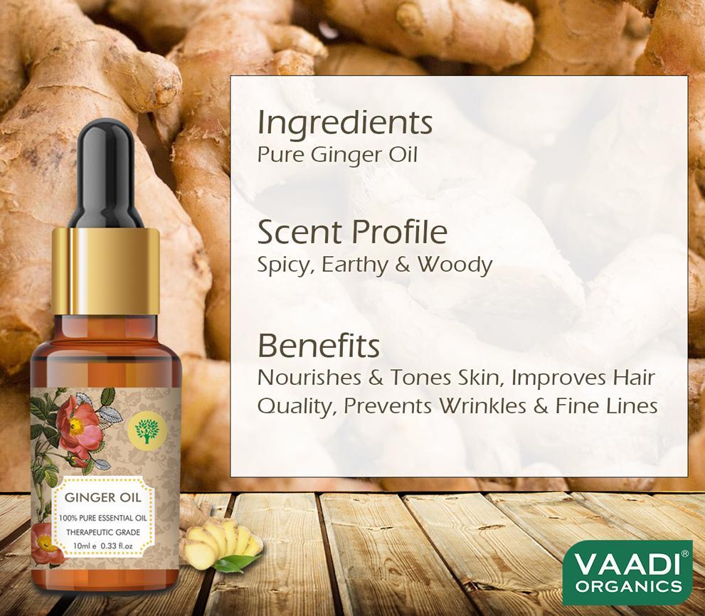 Organic Ginger Essential Oil - Tones Skin, Prevents Hairfall, Soothing Woody Aroma - 100% Pure Therapeutic Grade (10 ml/ 0.33 oz)