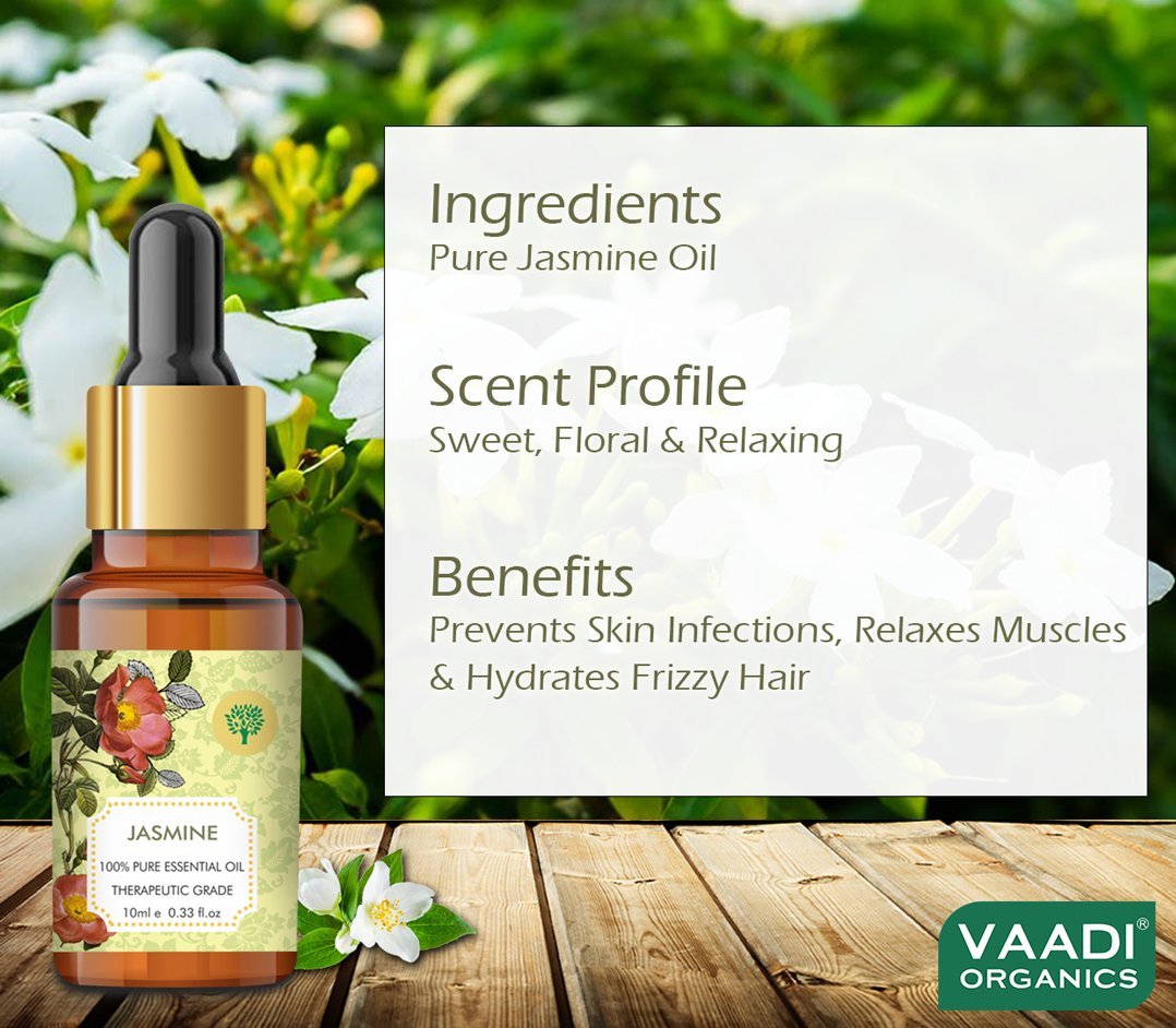 Organic Jasmine Essential Oil - Nourishes Dry & Damaged Hair, Improves Sleep, Uplifts Mood, Reduces Acne & Blemishes (10 ml/ 0.33 oz)