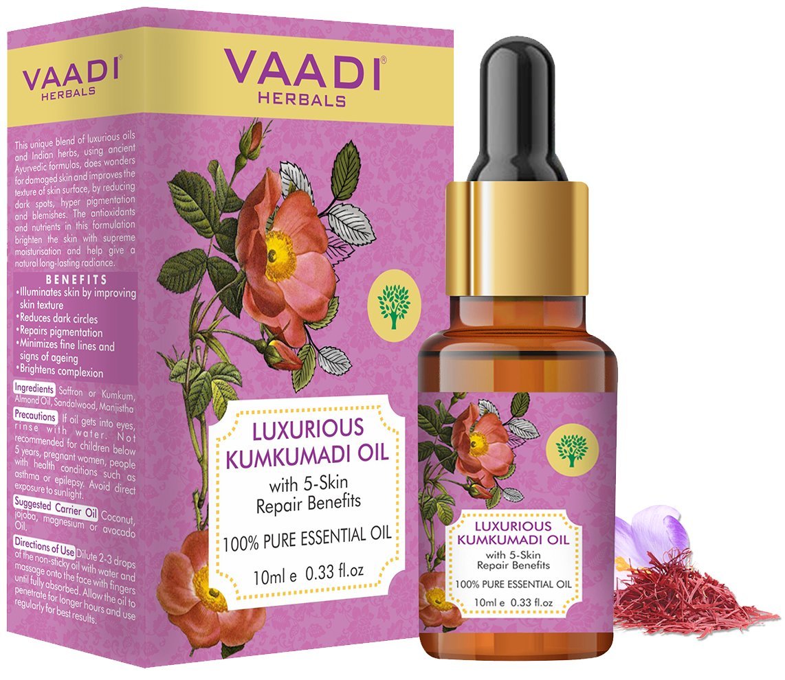 Organic Luxurious Kumkumadi Oil (Pure Mix of Saffron, Sandalwood, Manjistha & Almond Oil) - Reduces Dark Circles, Pigmentation (10 ml/ 0.33 oz)