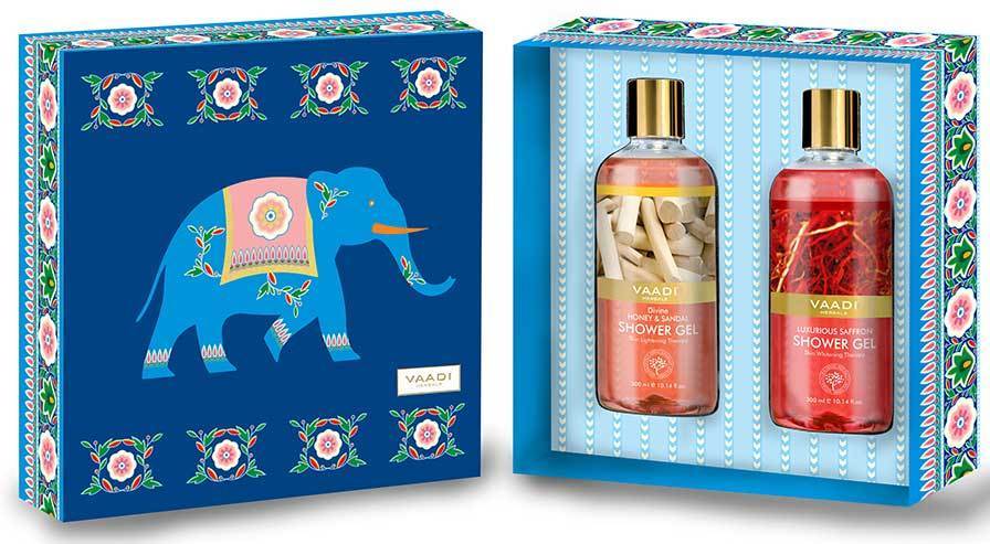 Royal India Organic Shower Gels Gift Box - Luxurious Saffron 300 ml & Divine Honey Sandal 300 ml - Exotic Bathing Experience