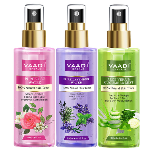 Pack of 3 Skin Toners - Rose Water, Lavender Water and Aloe Vera & Cucumber Mist - 100% Natural & Pure (250 ml x 3)