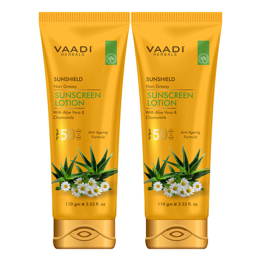 Organic Sunscreen Lotion SPF 50 with Aloe Vera & Chamomile - Non Greasy - Long Lasting - Soothes Burnt Skin (2 x 110 ml/ 4 fl oz)