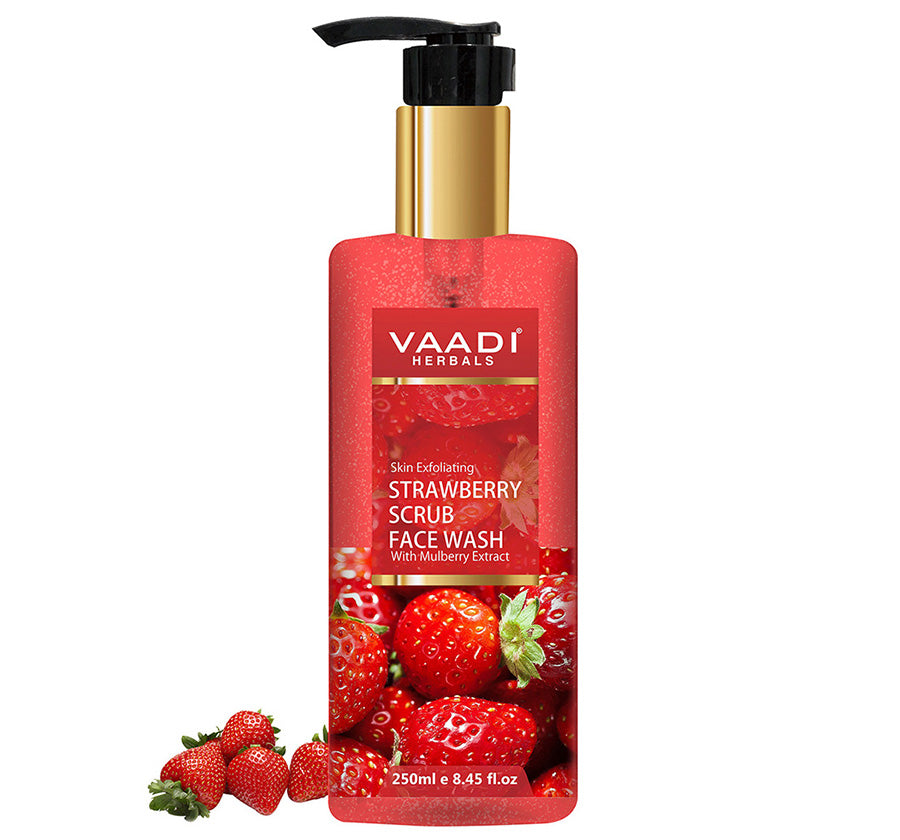 Skin Exfoliating Organic Strawberry Scrub Face Wash with Mulberry Extract- Removes Dead Skin - Deeply Nourishes Skin (250 ml/8.45 fl oz)