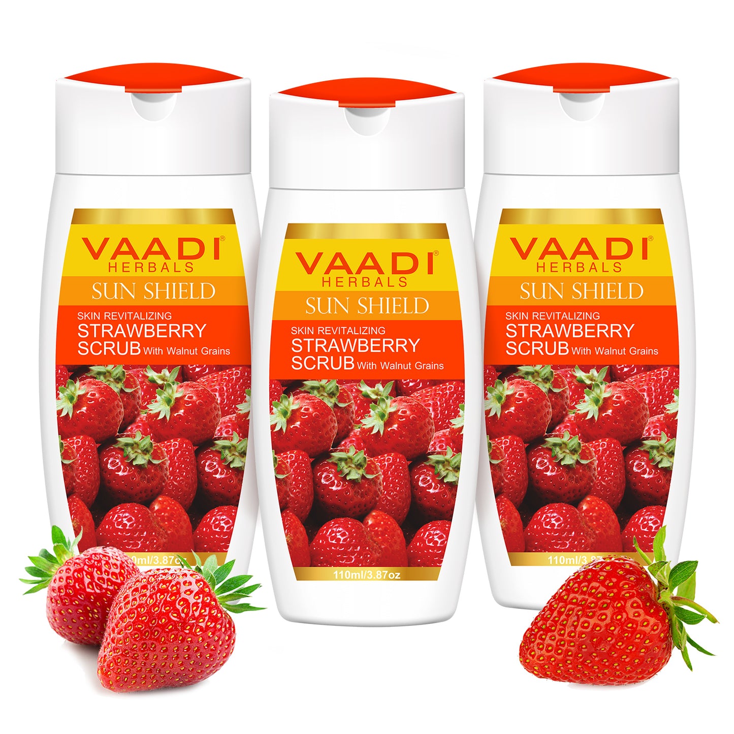 Organic Strawberry Scrub Moisturising Lotion with Walnut Grains- Lightens Skin Tone - Reduces Pigmentation - Removes Dead Cells (3 x 110 ml/ 4 fl oz)