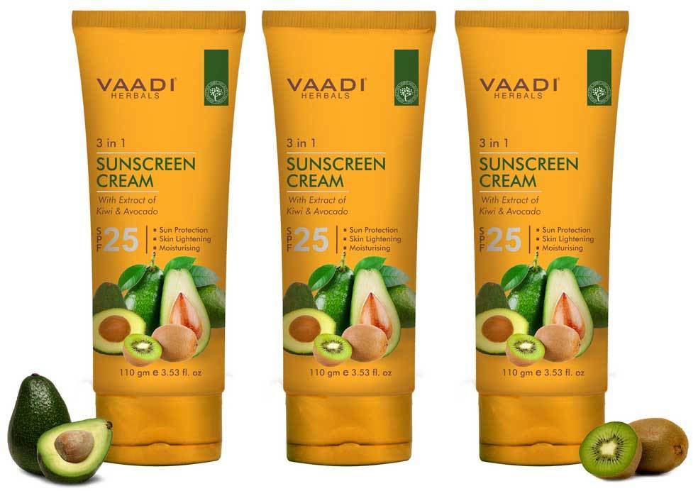 Organic Sunscreen Cream SPF 25 with Kiwi & Avocado Extract - Protects & Nourishes Skin - Enhances Complexion (3 x 110 gms / 4 oz)